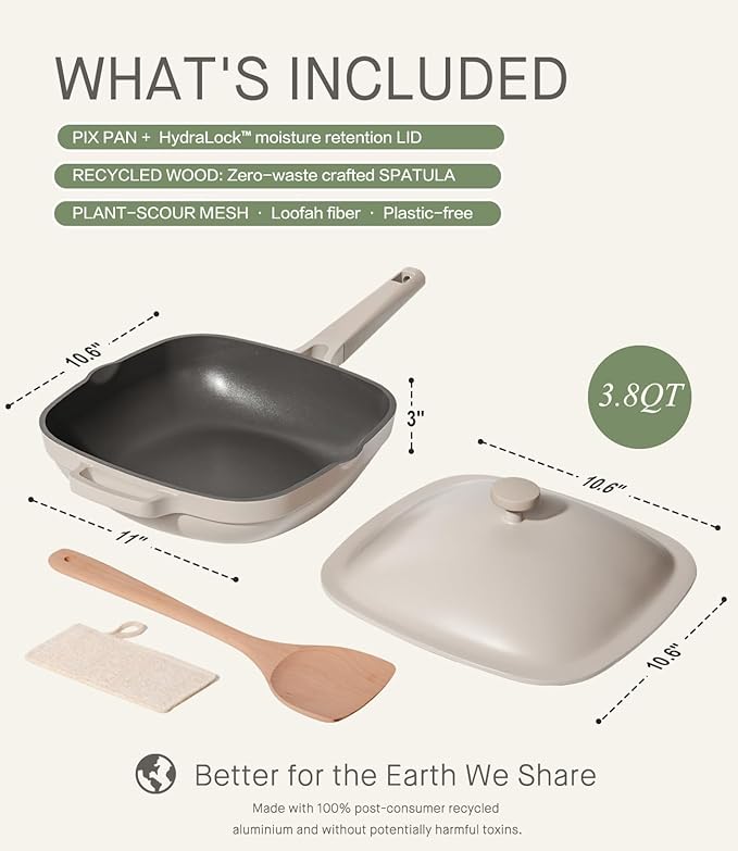 USELUCK 10.5 Inch(3.8QT) Ceramic Pan with Lid,Non Stick Frying Pans Cast Aluminum Deep Sauté Pans,Ti-Ceramic Non Toxic Pix Pan with Wooden Spatula and Scrubber-Morning Mist