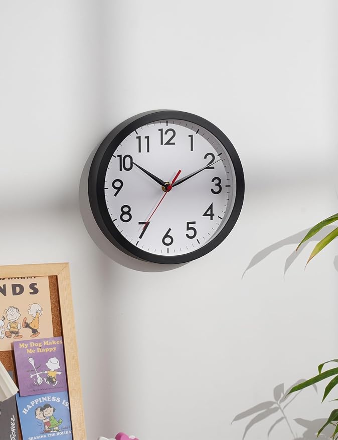 AKCISOT 8 Inch Wall Clock, Battery Operated Analog Clock, Silent Non-Ticking, Ideal for Bedroom, Bathroom, Kitchen, Office and School, Black