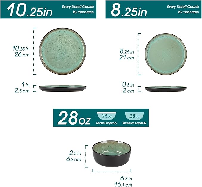 vancasso Plates and Bowls Sets, 18 Pieces Stoneware Dinnerware Sets for 6, Kitchen Dish Set Mircowave and Dishwasher Safe Ceramic Dishware, Turf Green, Series AMBER