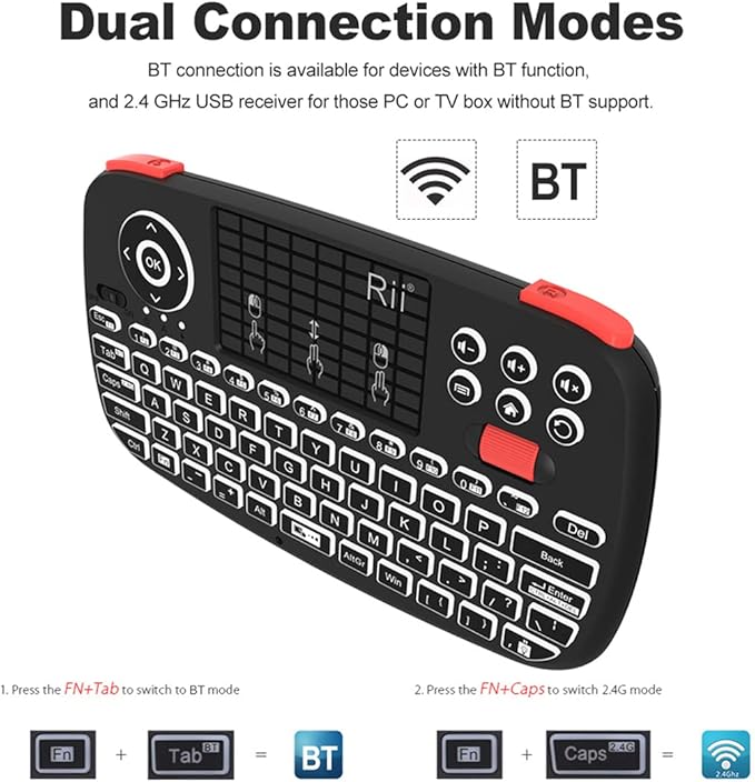 (Upgrade) Rii i4 Mini Bluetooth Keyboard with Touchpad, Blacklit Portable Wireless Keyboard with 2.4G USB Dongle for Smartphones, PC, Tablet, Laptop TV Box iOS Android Windows Mac.Black