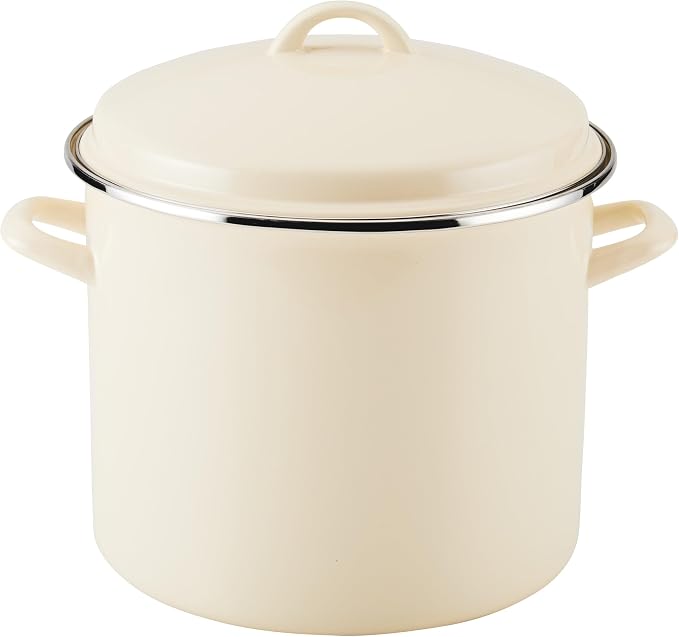 Rachael Ray Enamel-on-Steel Induction Stockpot with Lid, 12-Quart, Almond