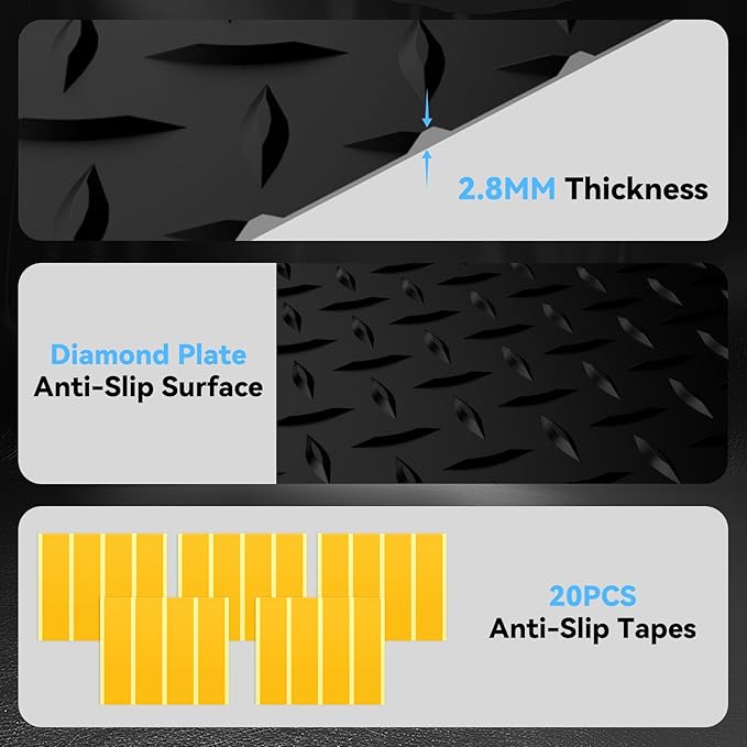 8x20 FT Garage Floor Mat, 2.8mm Thickened PVC Flooring Roll for Under Car, 160 SQFT Diamond Plate Black Garage Mats for Garage, Warehouse, Basement, Gyms, Trailer（Included Tapes）