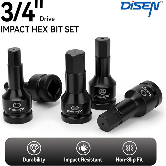 DISEN 3/4 Inch Drive Impact Hex Driver Set, 5-Piece, Metric, 14mm, 17mm, 19mm, 22mm, 24mm, CR-MO Steel, Professional Mechanic Repair 3/4” Hex Socket Set