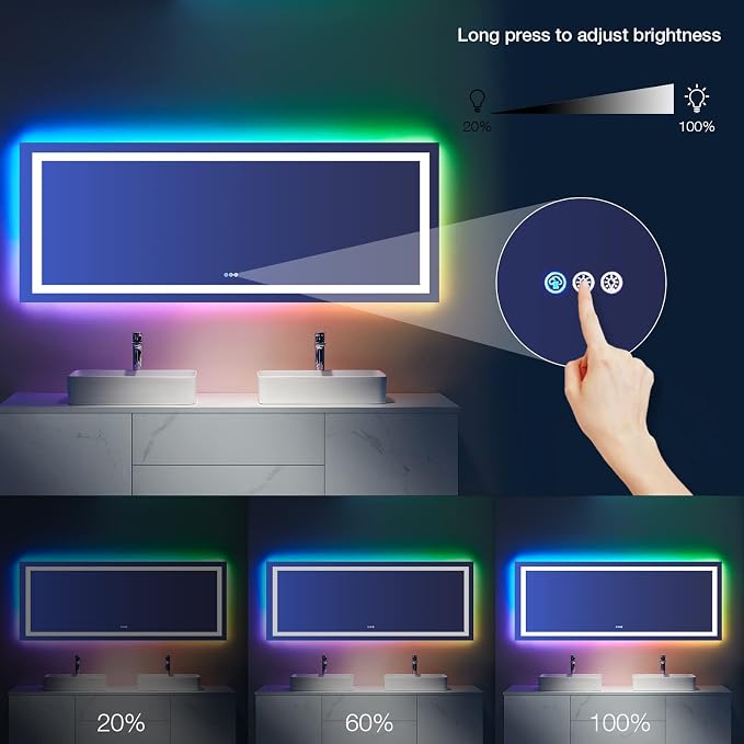 LOAAO 84"X40" RGB LED Bathroom Mirror with Lights, Anti-Fog, Dimmable, Lighted Bathroom Vanity Mirror, Multiple Light Modes, RGB Backlit + Front Light, Memory Function, Tempered Glass, ETL Listed