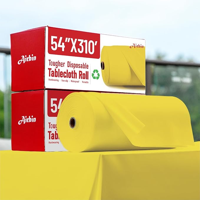 Plastic Table Cloth, 310 Ft X 54 In Plastic Table Cloth Disposable Yellow Table Cloths with Any Cut Sliding Cutters Premium PEVA Disposable Tablecloth for Picnics, Parties, Birthdays, Festivals