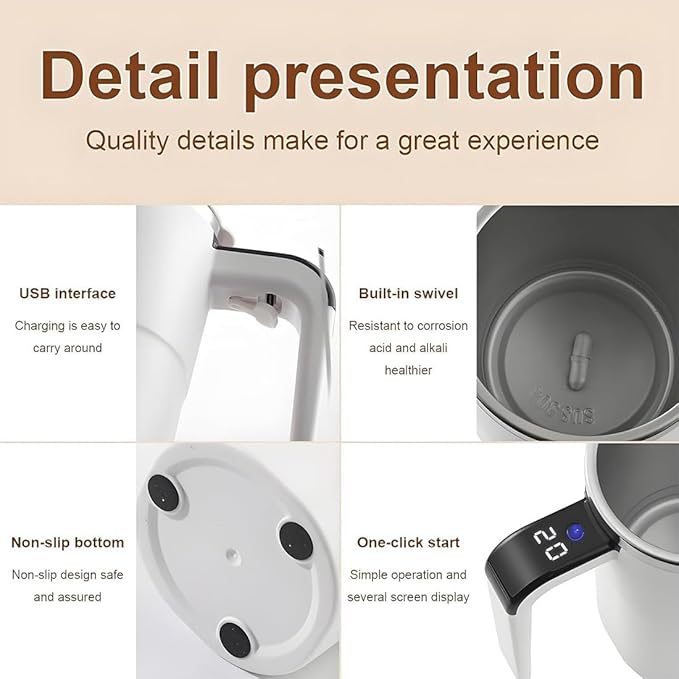2026 Upgraded Electric Coffee Mug, 14oz Electric High Speed Self Stirring Insulated Coffee Mug with a Built-in LCD Thermometer & Lid, for Brewing Coffee, Milk, Cocoa and Other Beverages (White)
