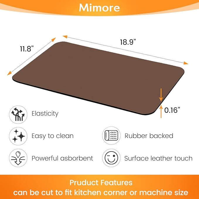Mimore Coffee Mat - 12x19 Inch Brown Countertop Mat - Absorbent, Hides Stains, Rubber Backed - Dish Drying Mat Fits Under Coffee Maker or Espresso Machine