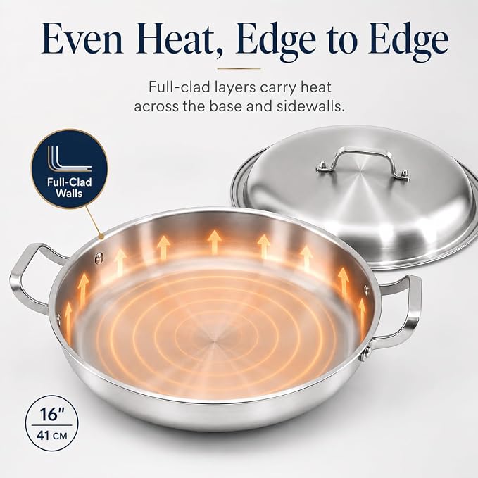 DELARLO 16 Inch Stainless Steel Paella Pan with Lid, 5-Ply Fully Clad,Jumbo Frying Pan for 12-14 Servings, PFOA & PTFE Free Skillet for Gas Stove, Great for Paella Parties Indoors Outdoors