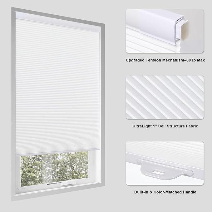 Tonature No Drill Cellular Shades for Indoor Windows, Thermal Insulating & Noise Reducing Honeycomb Blinds, Cordless Free Stop Blinds Light Filtering, White, 36" W x 64" H