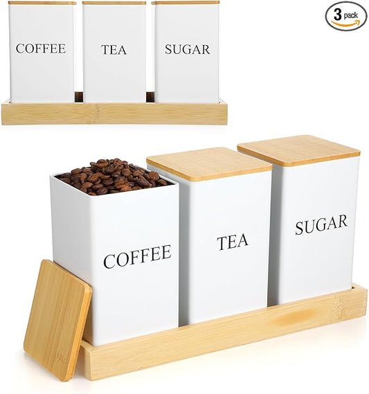 Coffee Tea Sugar Container with Tray, Set of 3 Square Airtight Metal Storage Canister with Bamboo Lids White Metal Teas and Coffee Canisters Set for Kitchen, Dining, Cupboard, Snack