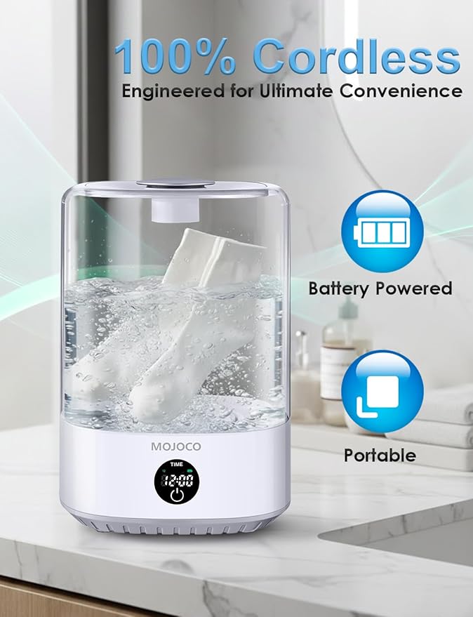 MOJOCO Mini Washing Machine - 4L Small Portable Washing Machine with 3 Wash Modes for Underwear, Socks & Baby Clothes - Rechargeable Countertop Mini Washer for Dorms, Hotels, Travel & Camping