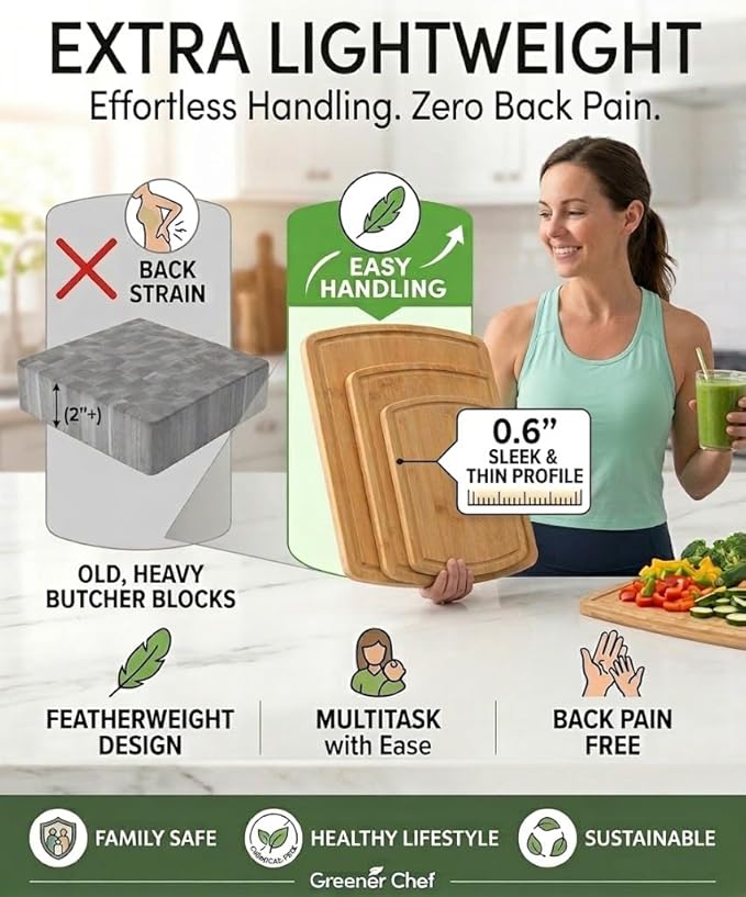 Greener Chef Luxury Bamboo Cutting Board Set of 3 with Glue-Free Surface Technology - Extra Spacious Wood Cutting Boards for Kitchen and XL Chopping Board Set - Replacements for Life
