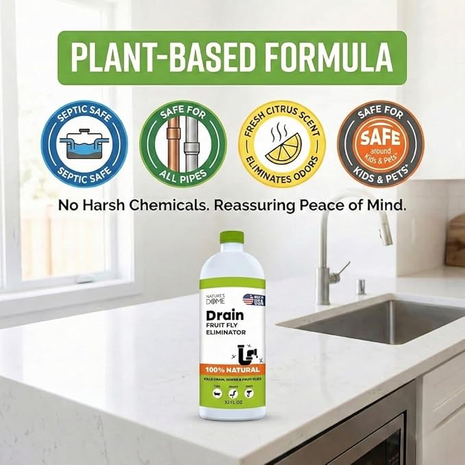 Nature’s Dome Drain Fly Killer Gel | Kills & Prevents Drain Flies & Fruit Flies | Natural Plant-Based Fly Killer Treatment Indoor for Sinks & Pipes | Safe for Septic Systems | 32 Oz