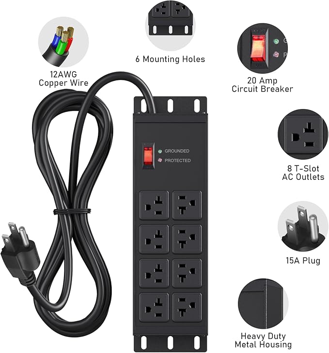 JUNNUJ Heavy Duty Surge Protector Power Strip 4800J, Garage Metal 8 Outlets 20 Amp 12 Gauge, High Amp 5-15P Adapter Shop 6-20R T-Slot Industrial Outlet, 15 FT Extension Cord Commercial for Appliance