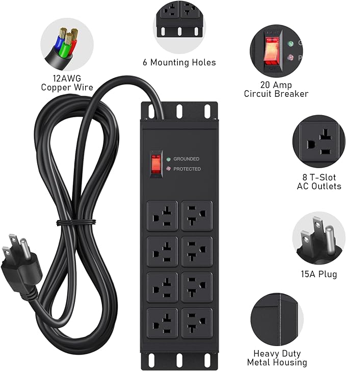 JUNNUJ Heavy Duty Surge Protector Power Strip 4800J, Garage Metal 8 Outlets 20 Amp 12 Gauge, High Amp 5-15P Adapter Shop 6-20R T-Slot Industrial Outlet, 6 FT Extension Cord Commercial for Appliance