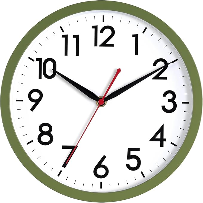 AKCISOT 10 Inch Wall Clock, Battery Operated Analog Clock, Silent Non-Ticking, Ideal for Bedroom, Bathroom, Kitchen, Office and School, Olive Green