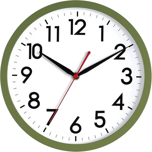 AKCISOT 10 Inch Wall Clock, Battery Operated Analog Clock, Silent Non-Ticking, Ideal for Bedroom, Bathroom, Kitchen, Office and School, Olive Green