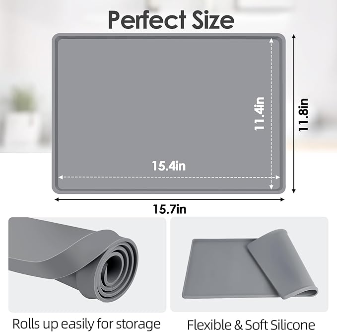TOHONFOO Silicone Coffee Maker Mat with Lip, 15.7'' x 11.8'' Heavy Duty Coffee Maker Mat for Countertops, Coffee Tray Fit Under Coffee Machine Appliance Automatic Machines Espresso Accessory, Grey