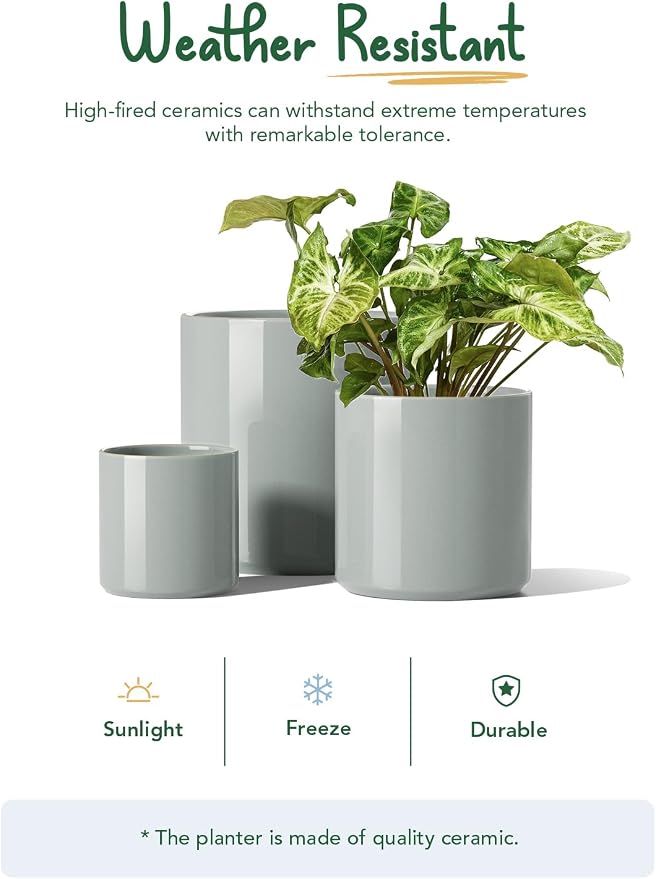 LE TAUCI 10+8+6 Inch Ceramic Pots for Plants, Indoor Planters with Drainage Hole and Plug, Modern Cylinder Flower Pots Set of 3 for Living Room and Bedroom, Glossy, Mist Gray