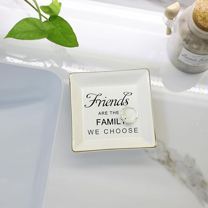 HOME SMILE Birthday Christmas Funny Gifts for Best Friend-Ceramic Ring Dish Jewelry Tray－Friends are Family We Choose