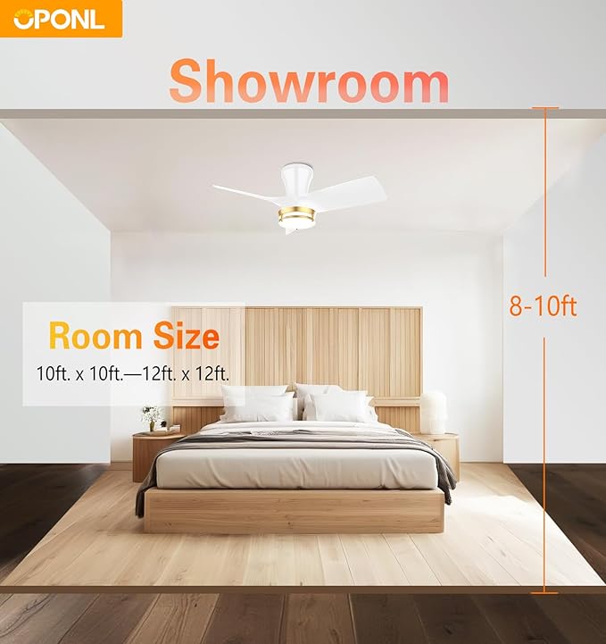 OPONL 30 Inch White Ceiling Fan with Light, with Gold Trim Ring, Large Air Volume, flush mount ceiling fan for Bedroom Kitchen Dining room Patio