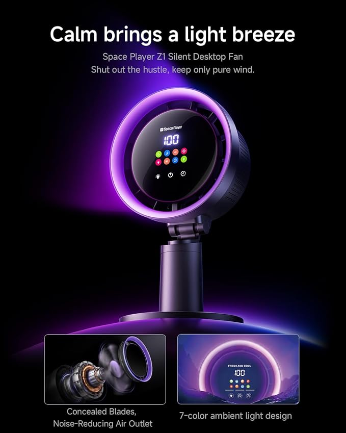 Space Player Desk Fan Air Circulator with Strong Airflow, Portable Table Fan with 45° Tilt & 180° Manual Rotation, LED Display, 4 Speeds, 8H Timer, Quiet Turbo Cooling Fan for Bedroom Home Office