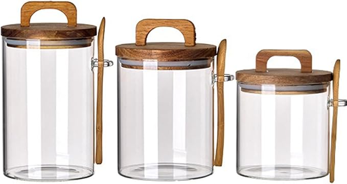 Coriario Glass Jar with Lid and Spoon 24&27&32 OZ Coffee Tea Sugar Canister Set of 3 Clear Glass Storage Jars Wooden Handle Lids Wide Mouth Glass Coffee Canister for Food Kitchen Candy
