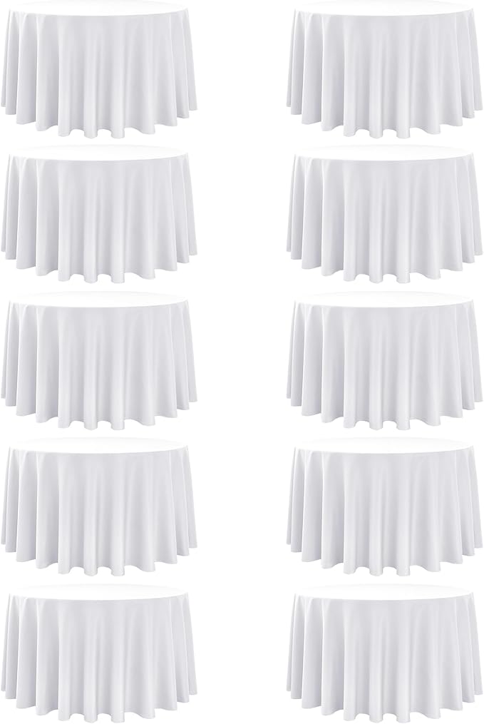 10-Pack White Round Tablecloths, 108 Inches, Stain-Resistant Polyester for 4-5 Ft Round Tables - Washable Table Covers for Weddings, Banquets, Birthday Parties, Events