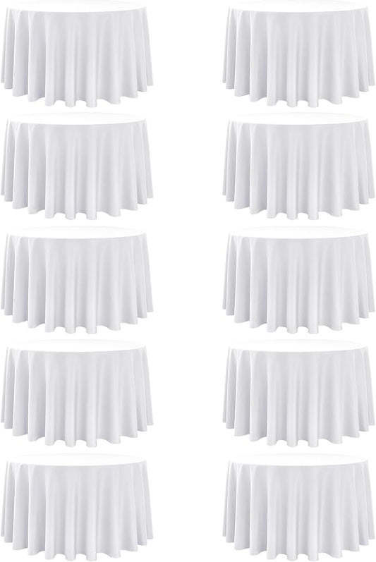 10-Pack White Round Tablecloths, 108 Inches, Stain-Resistant Polyester for 4-5 Ft Round Tables - Washable Table Covers for Weddings, Banquets, Birthday Parties, Events