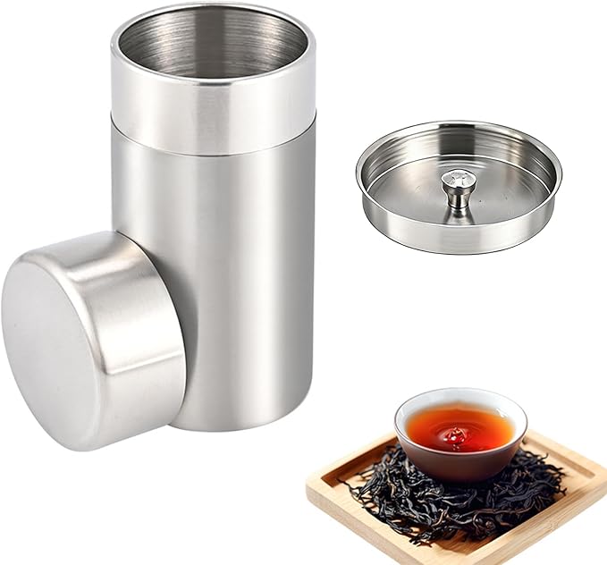 Stainless Steel Tea Canister, 550ml Double Seal Tea Tin Canister Airtight Canister Storage Container with Double Lids, for Tea Coffee Sugar Seasoning Storage
