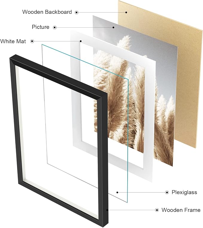 ArtbyHannah Gallery Wall Frame Set, 8 Pack Picture Frames Collage Wall Decor with Neutral Pampas Grass Art for Living Room, Assorted Size Including 11"x14", 8"x10", 5"x7"(Black Frame)