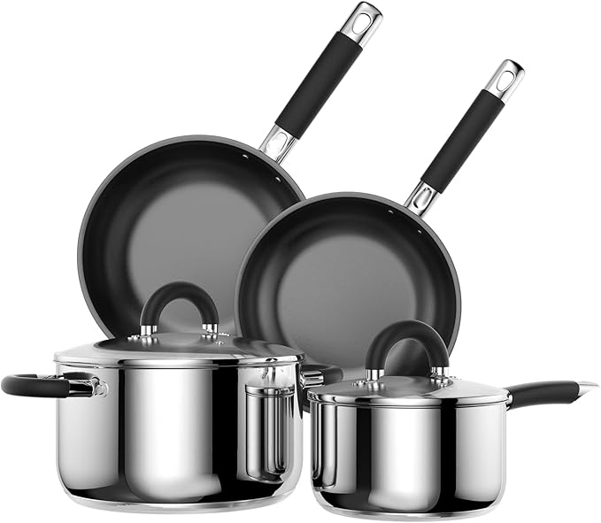 Pots and Pans Set Non Stick, Stainless Steel 5 Ply Base Cookware Set, Frying Pans, Quickly Heat Up Fix All Stove Induction Cookwares, Dishwasher Safe, Warminghouse Gift