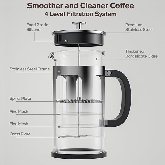 French Press Coffee Maker 34oz, Heat Resistant Thickened Glass Stainless Steel Brewer, No Plastic Touching Cafe, 4-Level Filtration, Cold Brew Cafe/Tea Pot for Kitchen Camping Travel, Gifts, Bar