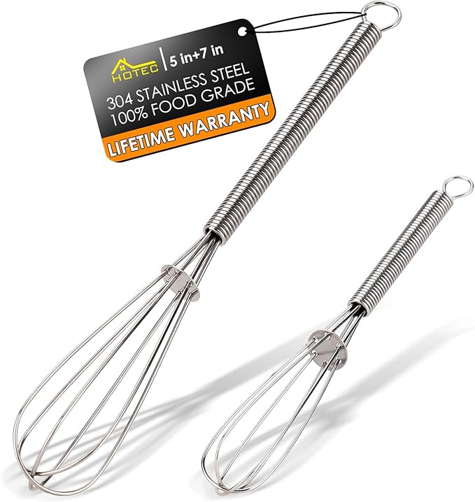 HOTEC Mini Whisks Anti-Rust 304 Stainless Steel Set of 2-5“ & 7", Small Whisk for Cooking, Baking, Mixing Ingredients