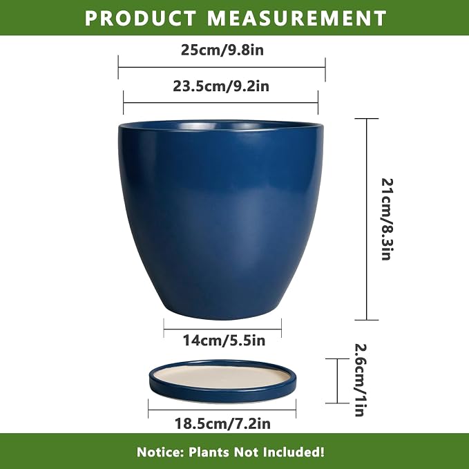 10 Inch Plant Pot - Ceramic Planter with Drainage Hole and Saucer, Modern Flower Pot, Round Planters for Indoor Plants, Home Patio Bathroom Porch Garden Living Room Decor, Blue