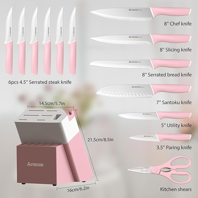 Astercook Knife Set, Kitchen Knives Set with Block and Sharpener 15 Pcs German Stainless Steel Knives Sharp Blade Dishwasher Safe Deba Knives with Ergonomic Handle, Crystal Pink Mothers Day Gifts