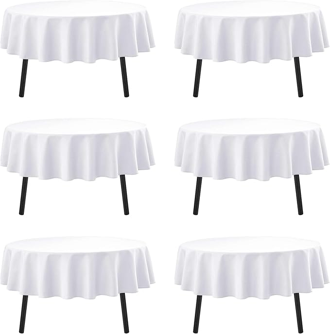 6-Pack White Round Tablecloths, 90 Inches, Stain-Resistant Polyester for 4-5 Ft Round Tables - Washable Table Covers for Weddings, Banquets, Birthday, Parties, Events