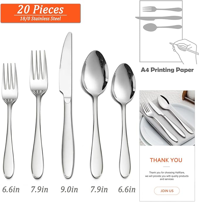 HaWare 20-Piece Silverware Set for 4, Stainless Steel Flatware Cutlery Set for Home Kitchen Restaurant Hotel, Modern Ergonomic Design, Mirror Polished, Dishwasher Safe