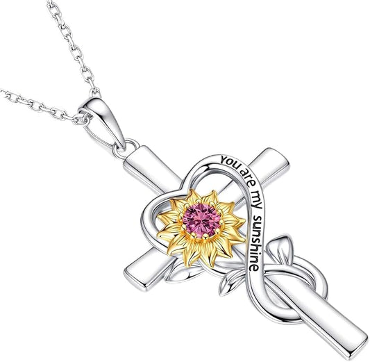 Iefil Mothers Day Gifts for Wife Mom - Sunflower Cross Necklace, 925 Sterling Silver Birthstone Necklace for Women Wife Mom