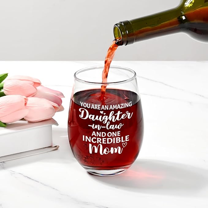 Futtumy Daughter in Law Gifts from Mother in Law, You Are An Amazing Daughter-in-Law And One Incredible Mom Wine Glass, First Mothers Day Christmas Birthday Gifts, 17 oz/500 ml