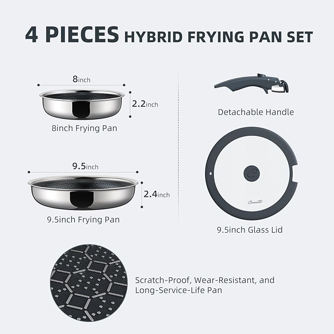 Ciwete Hybrid Non Stick Frying Pans Set 4-Piece, 8 & 9.5 Inch Tri-Ply Stainless Steel Pans with Lid and Detachable Handle, PFOA Free Skillets for All Cooktops, Dishwasher & Oven-Safe Cookware Set