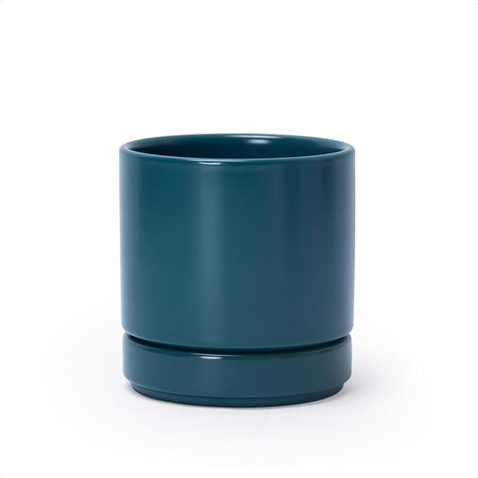 D'vine Dev 4.7 Inch Ceramic Planter Pot, Teal, 94-O-B-9 | Modern Cylinder Design, Drainage Hole & Saucer Included, Stable Structure, Elegant Home Accent