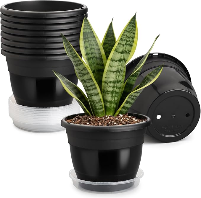 RooTrimmer 8 Inch Nursery Pots Set of 10 with Drainage Holes and Saucers,Plant Pots for Indoor Outdoor Plants,Orchid Pots for Repotting Flowers Herbs Succulents(Black)