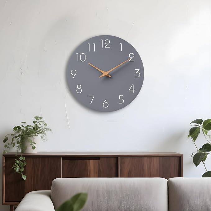 Mosewa Wall Clock Silent Non Ticking Decorative for Kitchen Bedroom Bathroom Office Living Room Battery Operated 10 Inch Gray Modern