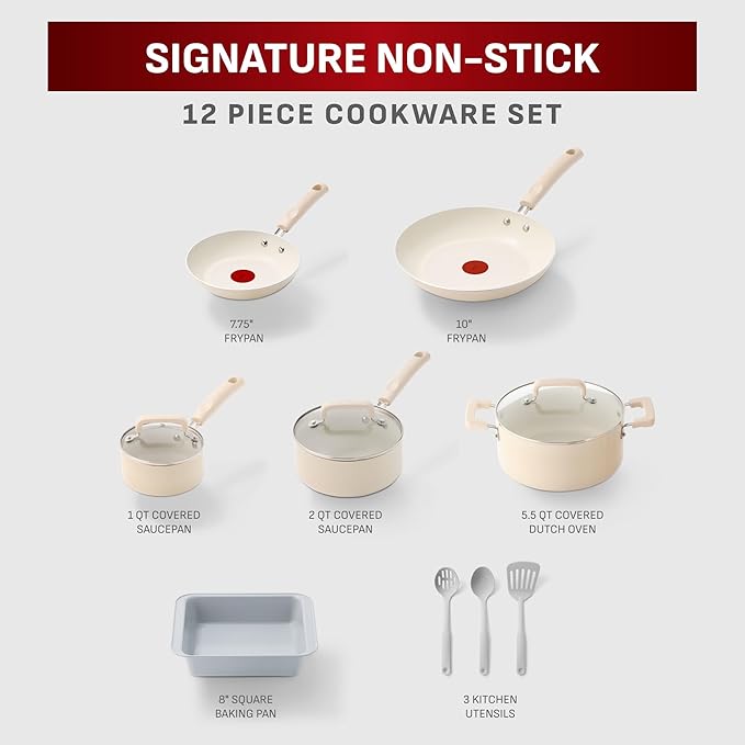 T-fal Signature Nonstick 12 Piece Cookware Set, Oven Safe Up to 350°F, Dishwasher Safe, Pots and Pans Set, Includes Frying Pans, Saucepan, Stockpot, Cooking Utensils, Cream