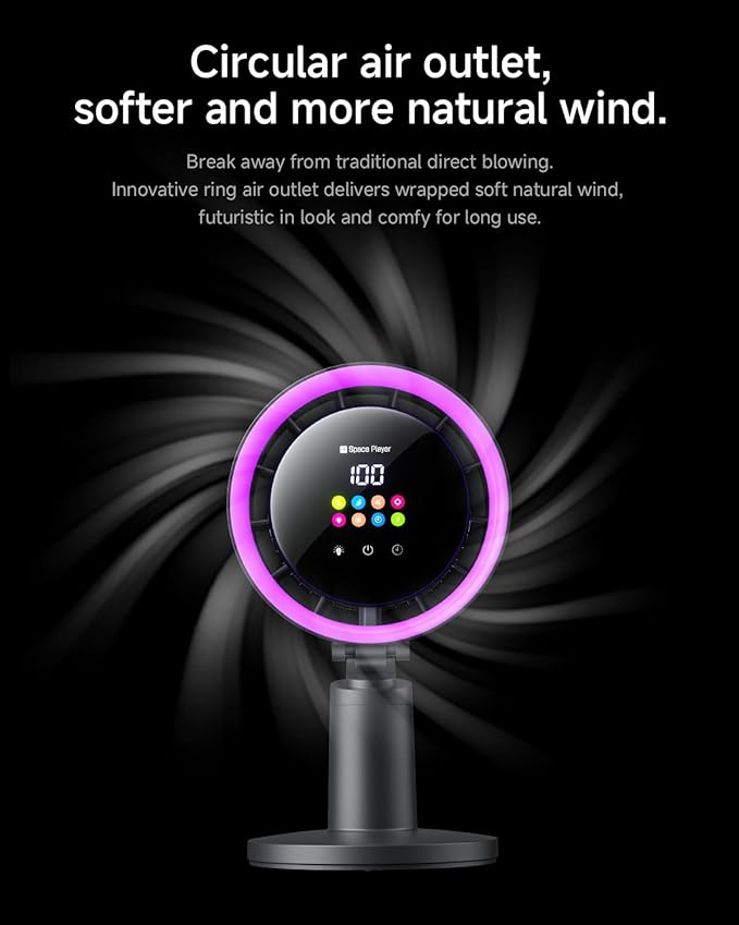 Space Player Desk Fan Air Circulator with Strong Airflow, Portable Table Fan with 45° Tilt & 180° Manual Rotation, LED Display, 4 Speeds, 8H Timer, Quiet Turbo Cooling Fan for Bedroom Home Office