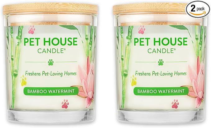 Pet House Candles, Plant-Based, Clean Burning, Long Lasting Scented Candles for Pet Odor - Bamboo Watermint, 2 Pack