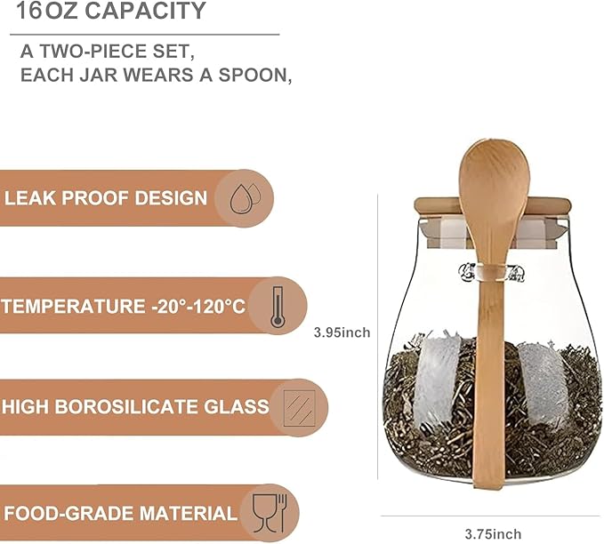 Airtight glass jar storage container with bamboo lid Set of 2, wide mouth, leak-proof, With a spoon, can be used for coffee beans, tea leaves, grains, dried fruits, etc (Small)