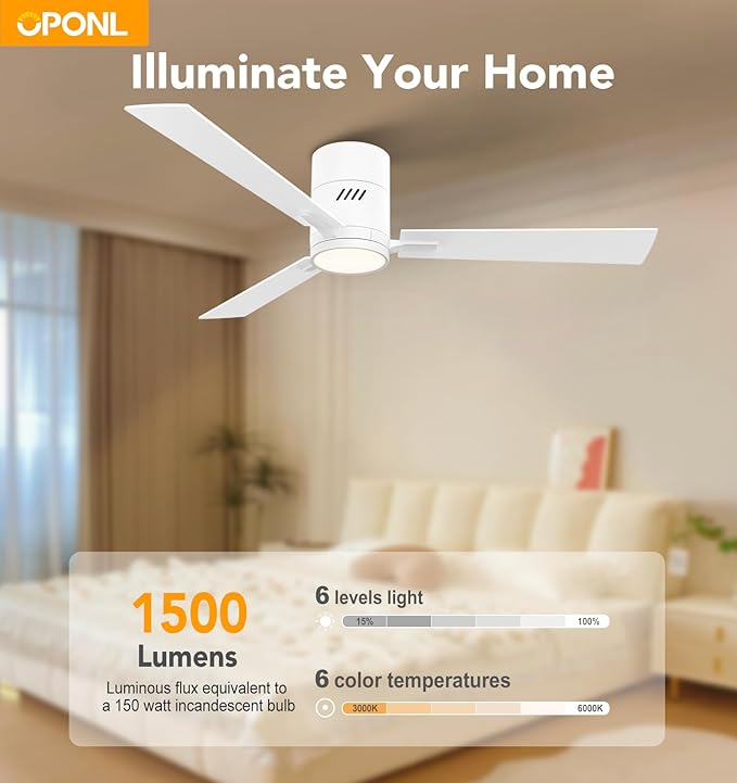 OPONL 52 Inch White Ceiling Fan with Light, Remote Control, Noiseless, Reversible, 6CCT, Dimmable, Timeable, Metal Housing Ceiling Fans with Lights for Bedroom, Indoor/Outdoor Use
