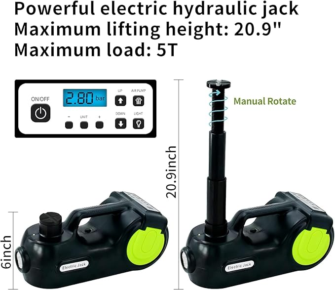 E-HEELP Electric Car Jack Kit 5Ton 12V Hydraulic (Lifting Range: 6.1-20.86 inch) with Impact Wrench & Inflator for Car SUV Sedan MPV with LCD & Tire Pressure Display